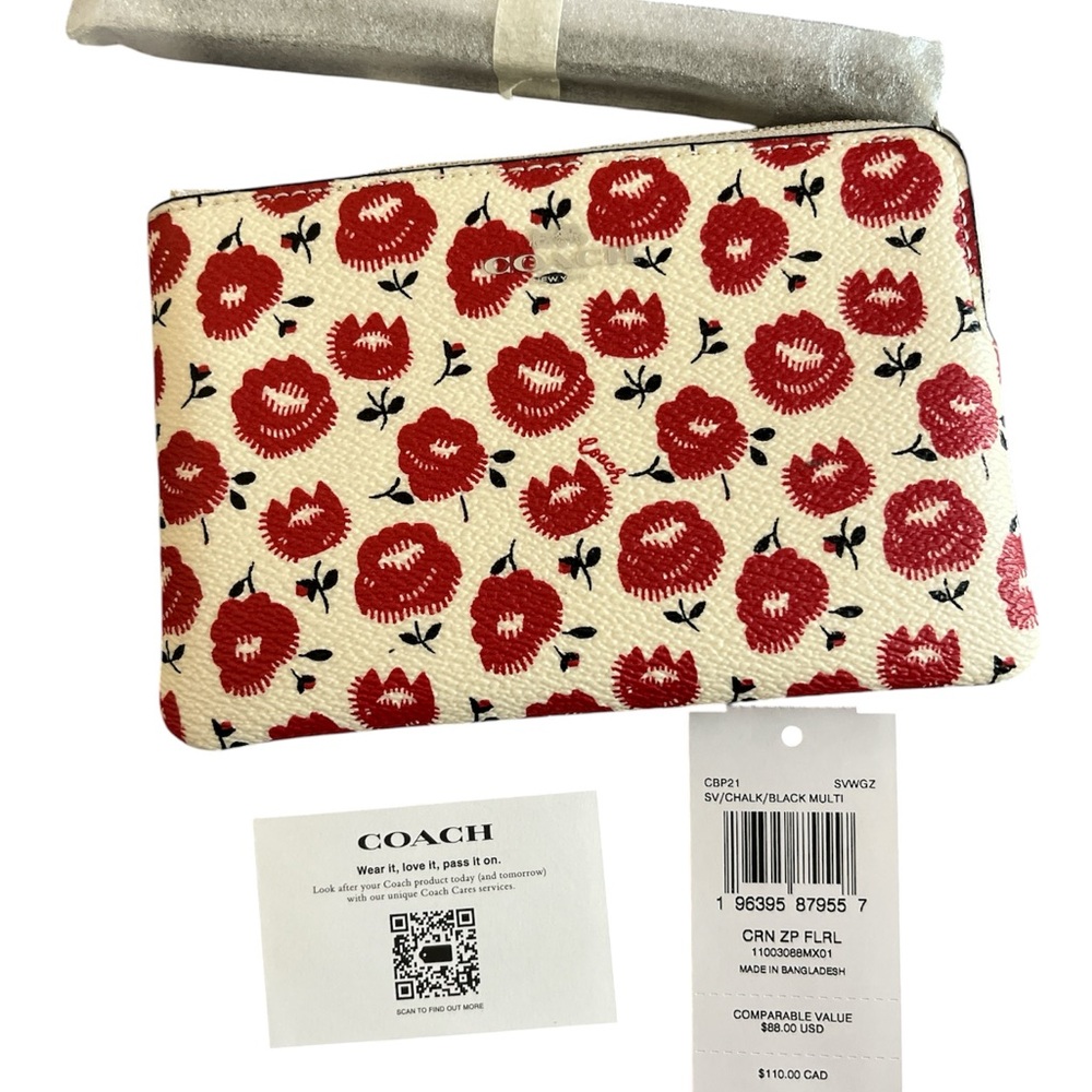 Coach Red and Black Floral Print Corner Zip Wristlet - NWT & Original Packaging